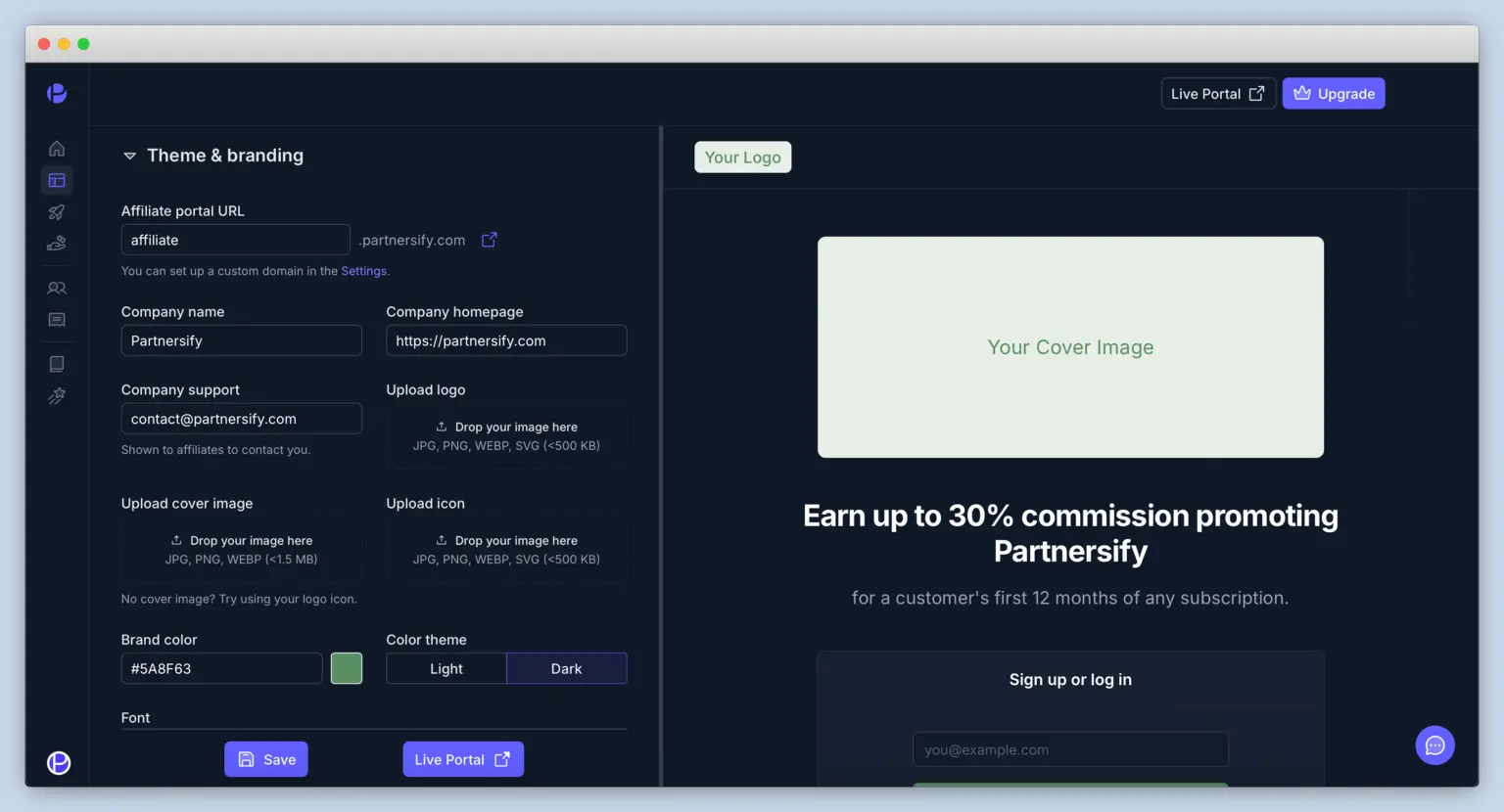 UI mockup comparing a generic locked portal to a fully customized Partnersify affiliate dashboard