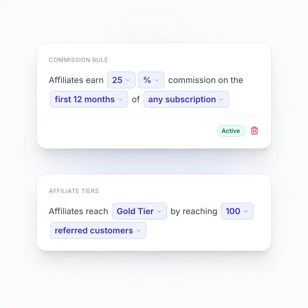 Mad-libs style commission rule builder