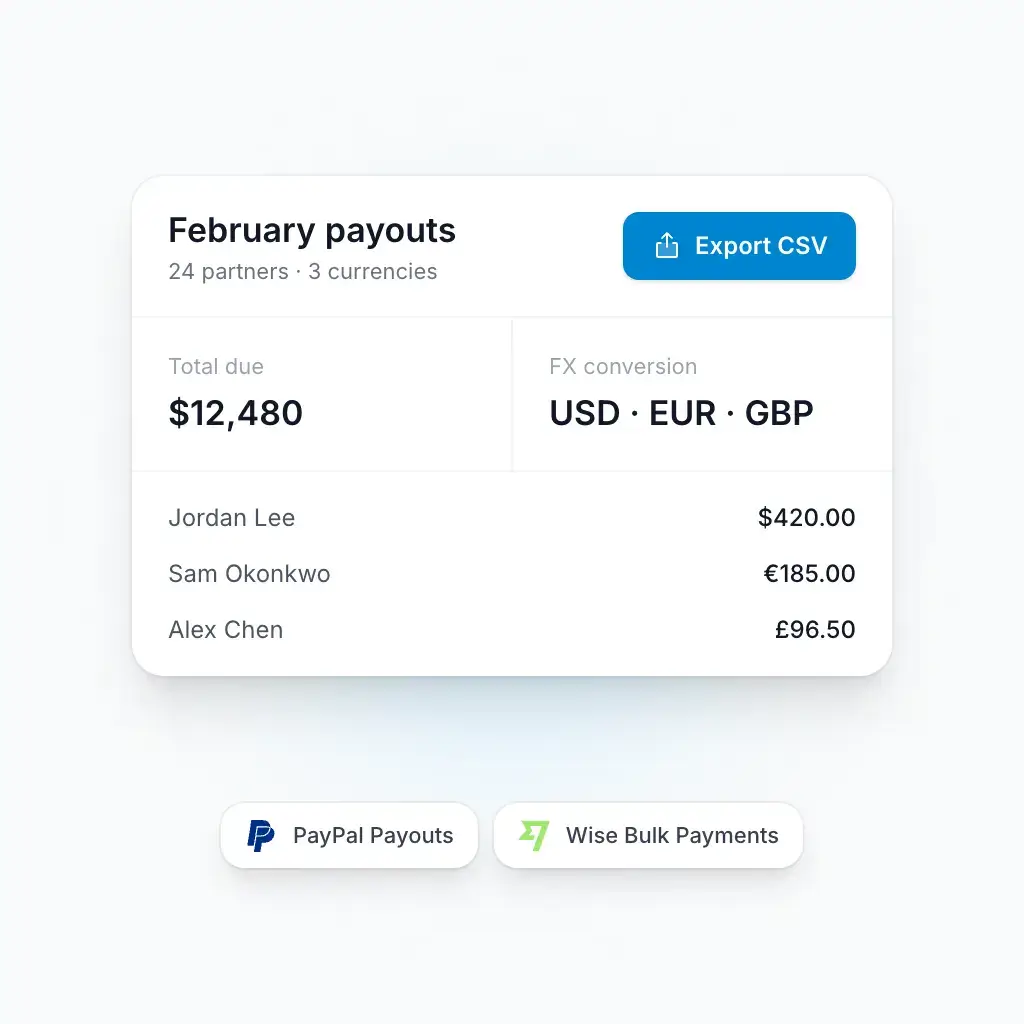 Payout dashboard showing 1-click CSV export